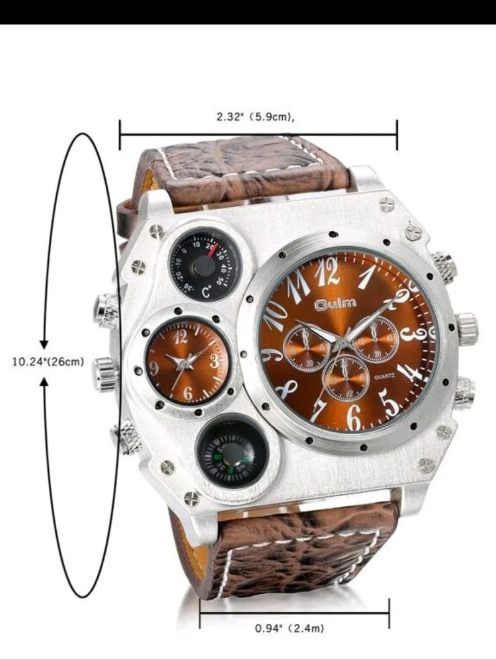 Men's Chunky Multi-Dial Watch with Brown Leather Strap